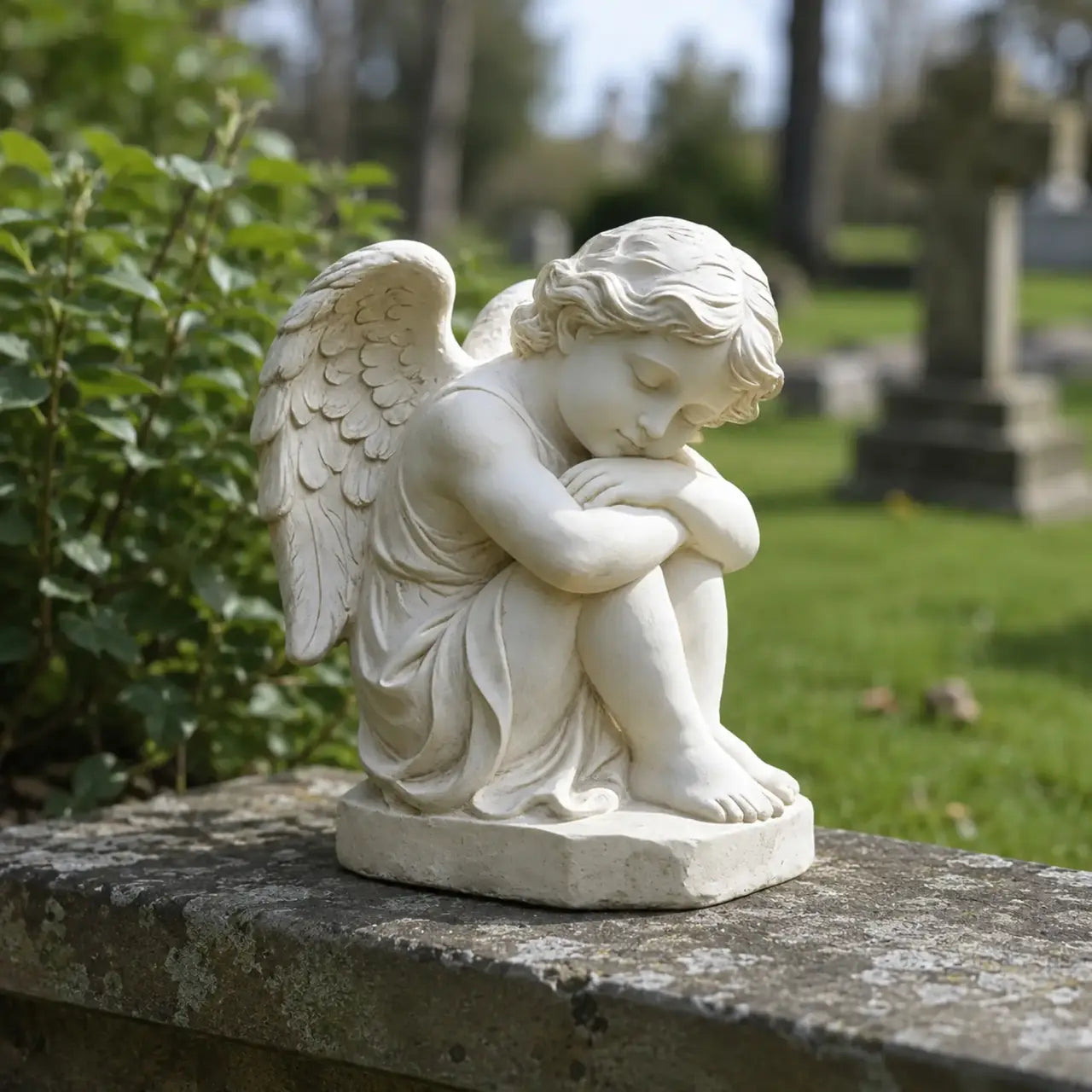 A marble sleeping cherub statue rests on a stone ledge within a quiet graveyard.