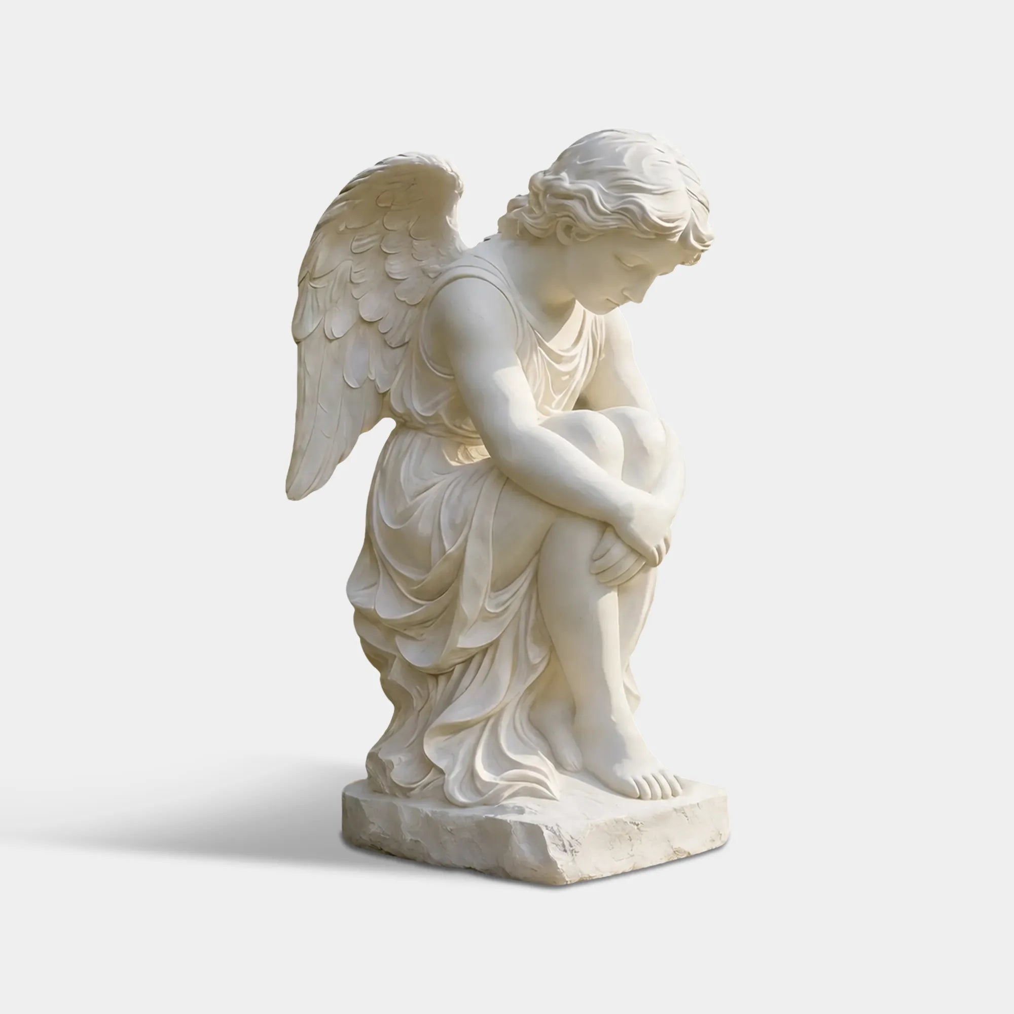 A white marble cherub statue rests on a stone pedestal inside a lush flower filled garden.