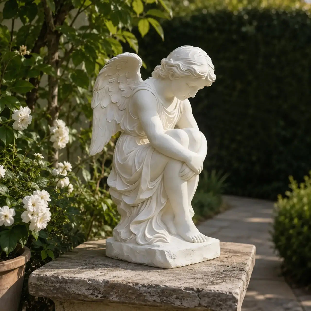 A white marble cherub statue rests on a stone pedestal inside a lush flower filled garden.
