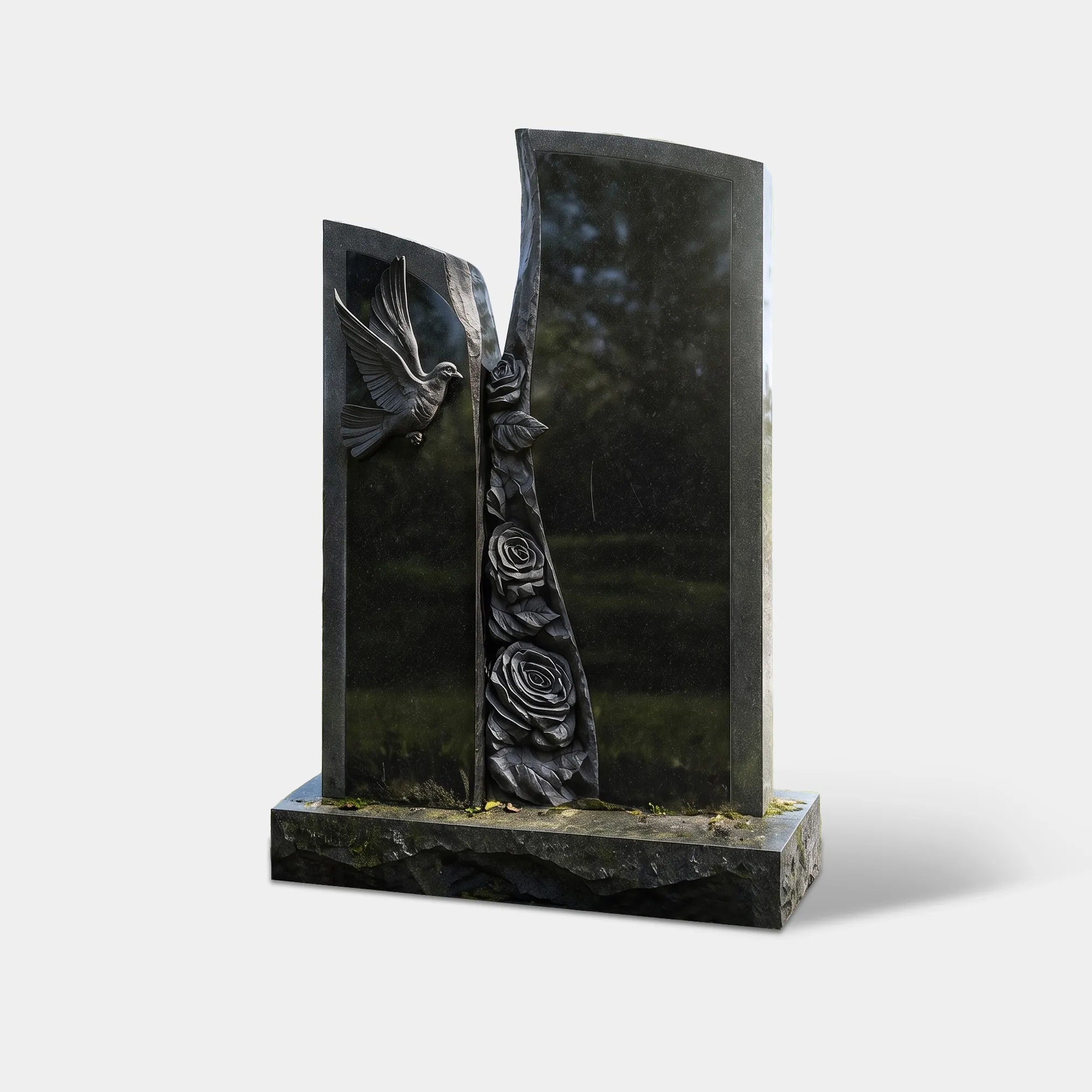 A black marble headstone with dove and rose carvings stands in a sunlit cemetery.