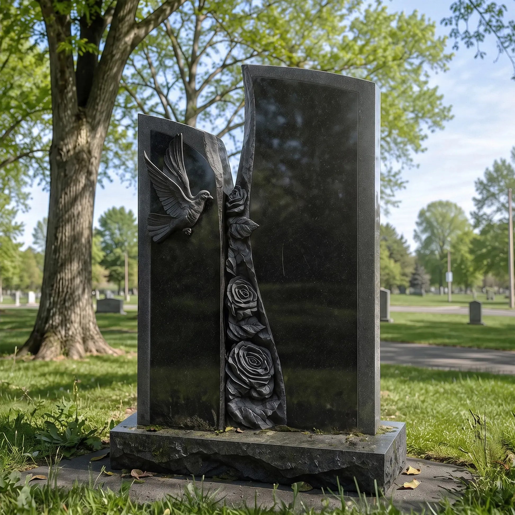 A black marble headstone with dove and rose carvings stands in a sunlit cemetery.