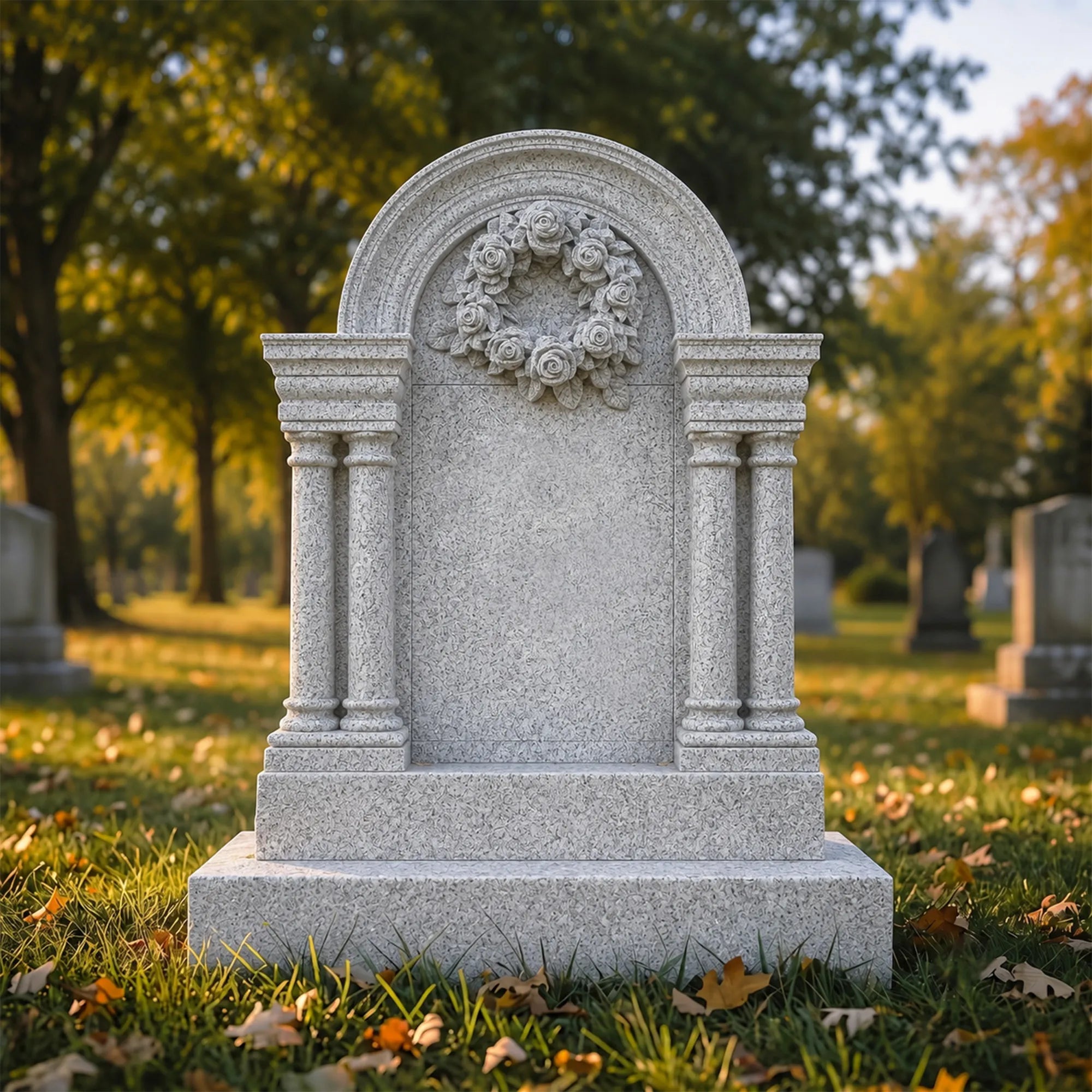 A light gray granite tombstone with columns and rose wreath carving sits on grass inside a cemetery.