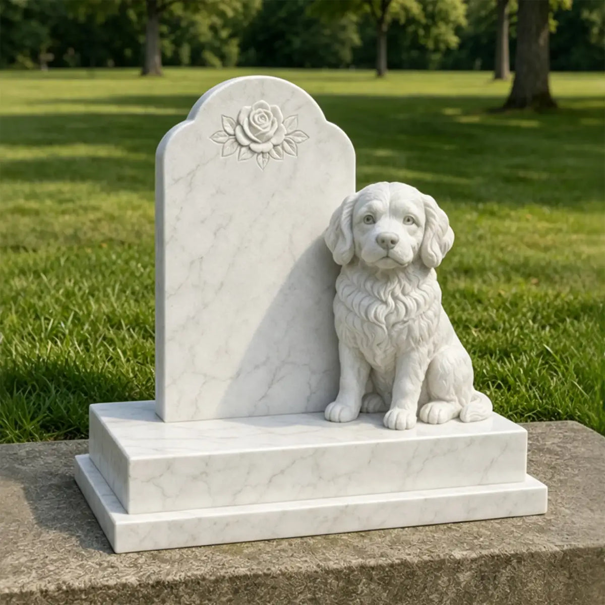 White marble pet memorial sculpture with a carved seated dog, rose-decorated headstone in a cemetery lawn.