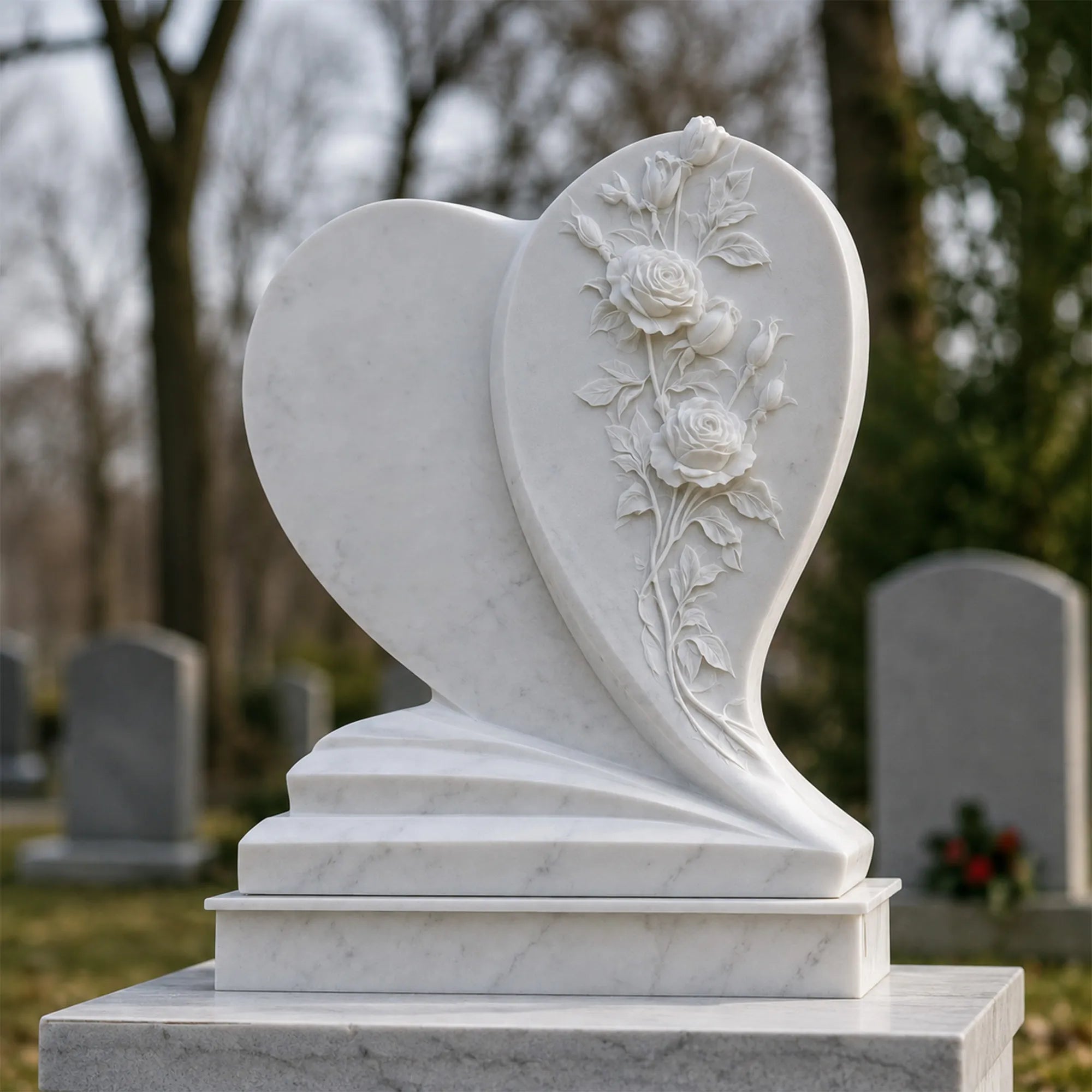 White marble heart headstone stands within cemetery.