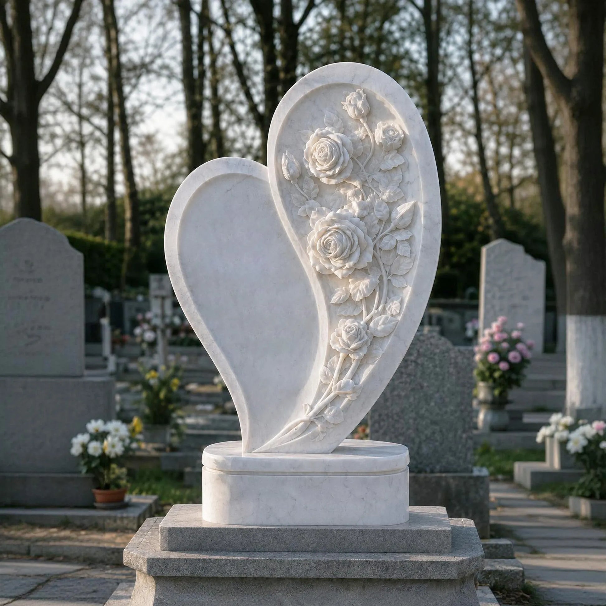 White marble heart tombstone is placed in a cemetery.