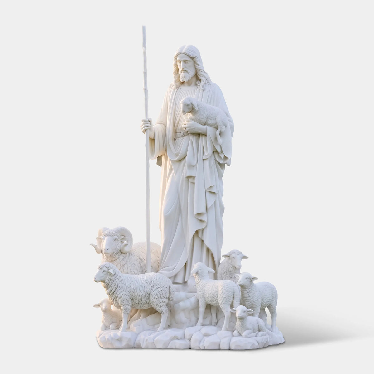 White marble Jesus the good shepherd statue stands on the green lawn.
