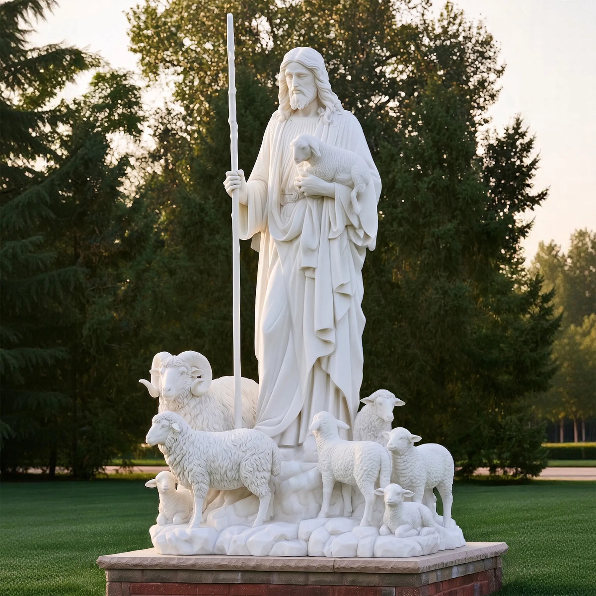 White marble Jesus the good shepherd statue stands on the green lawn.
