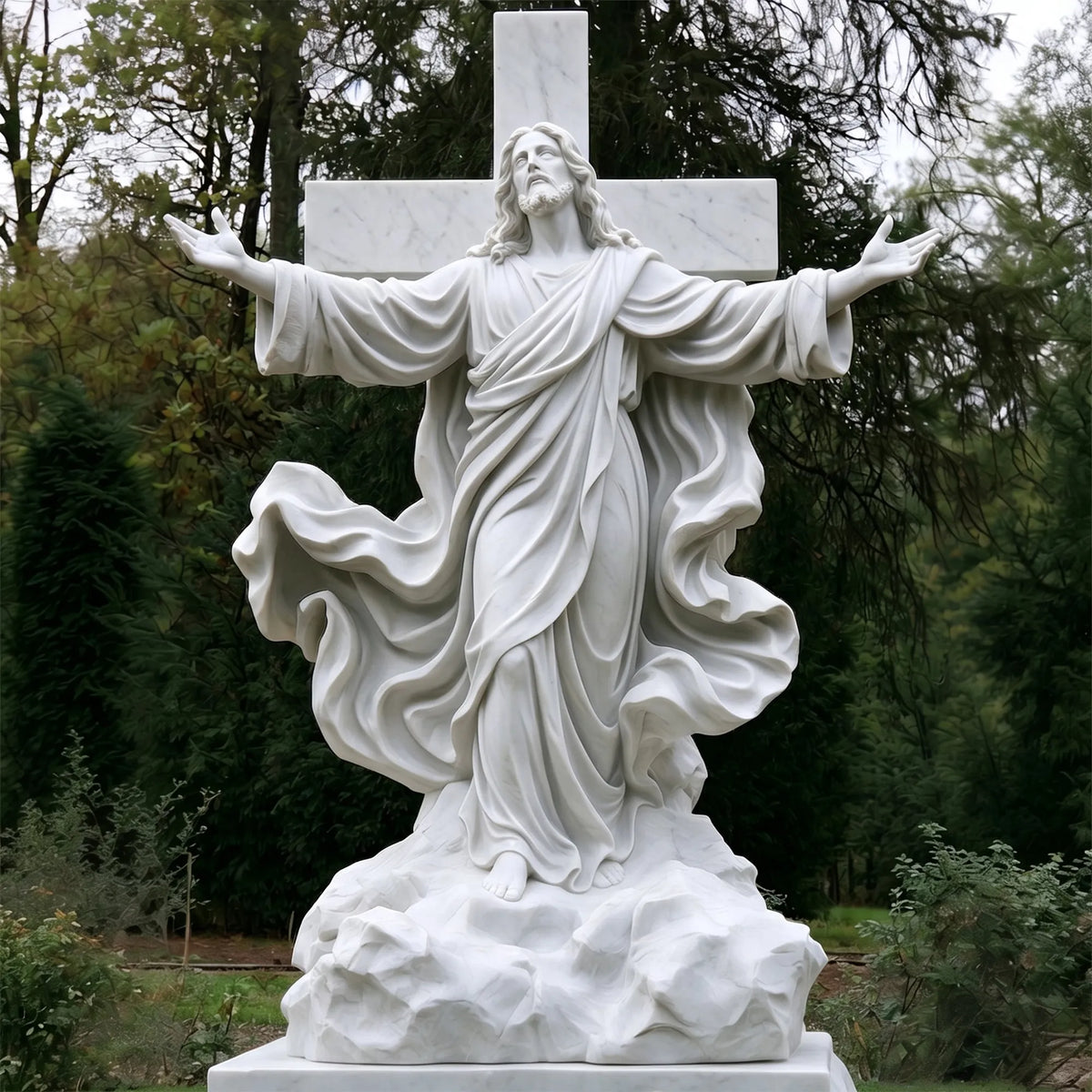 White marble Jesus Christ statue with cross stands on a marble base surrounded in a courtyard.