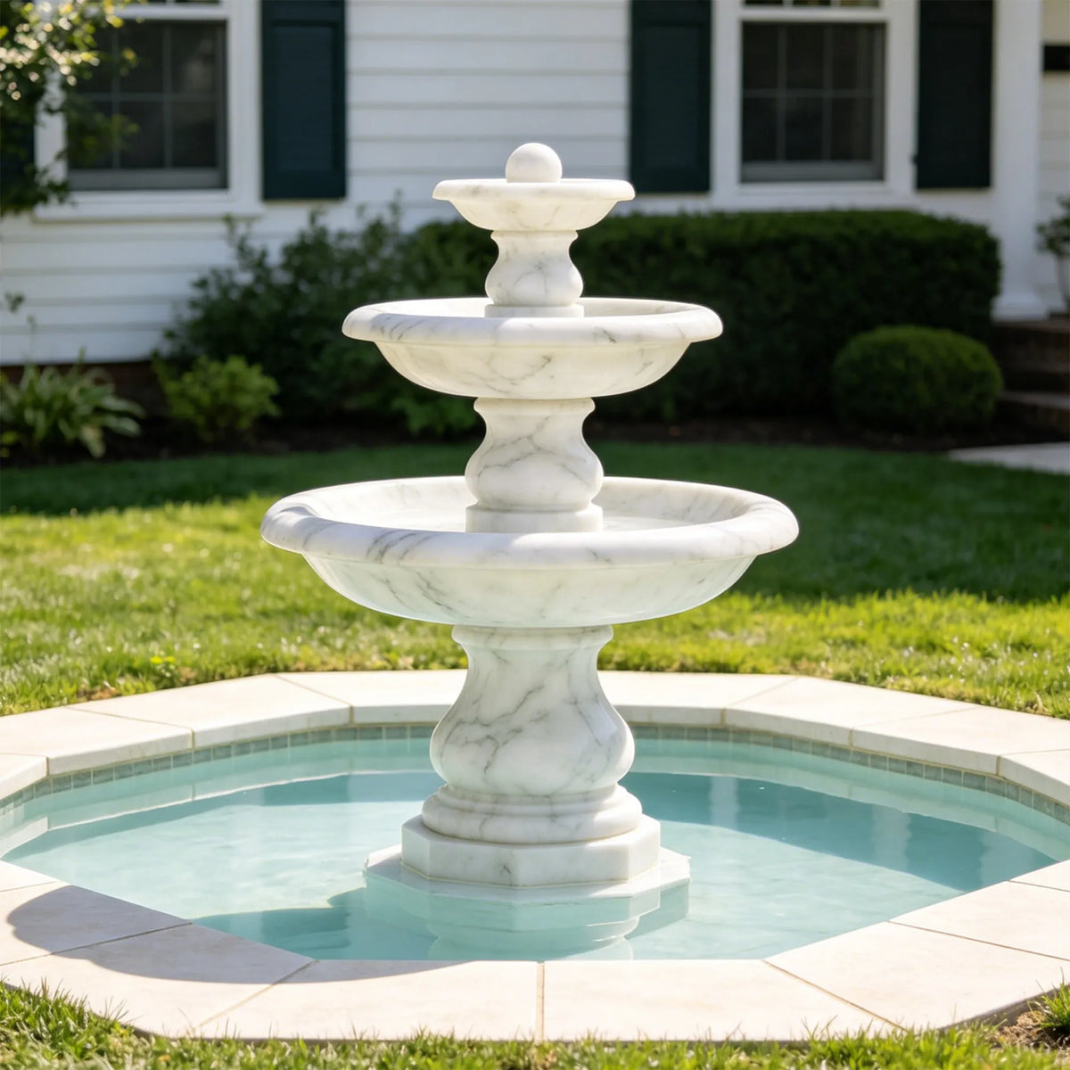 A three tier marble fountain sits inside an octagonal pool in a residential front yard.