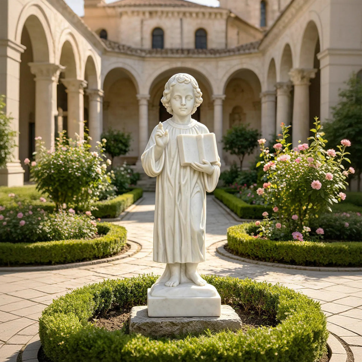 A white marble statue of young Jesus stands in a trimmed green circular shrub bed inside a courtyard.