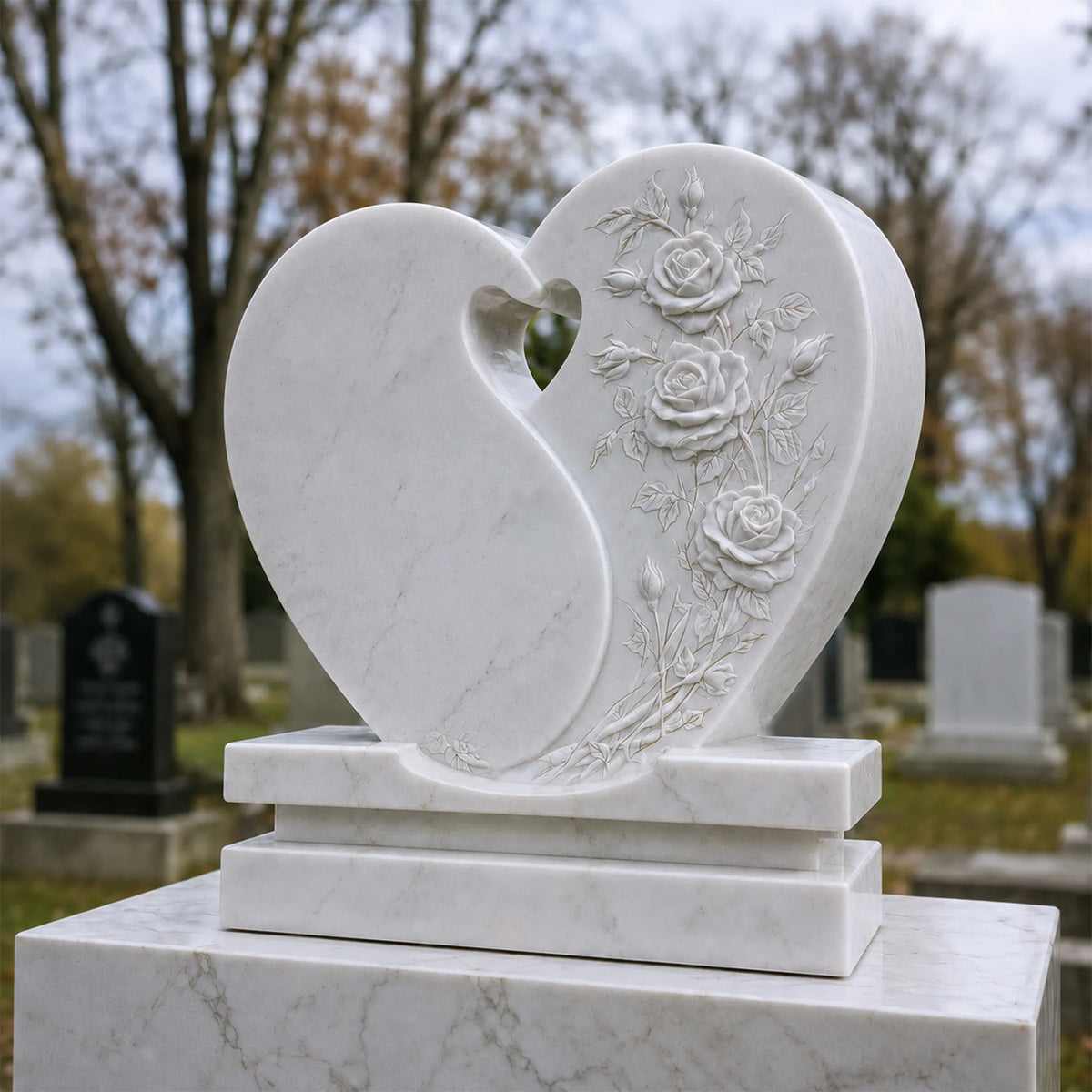 A white marble heart headstone with rose carvings stands in a cemetery.
