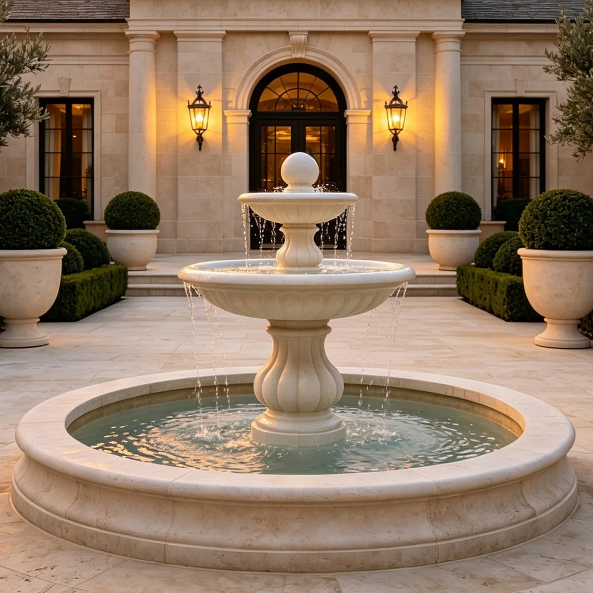 A white marble fountain stands in the courtyard of an elegant stone mansion.