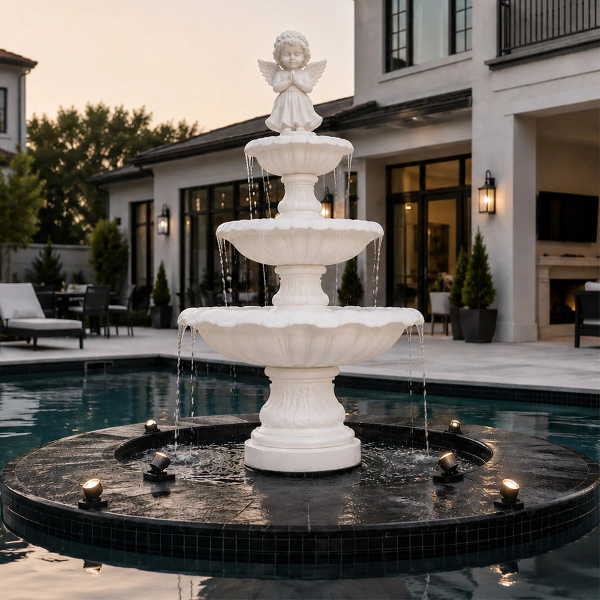 White marble three-tier angel fountain with praying cherub for a poolside courtyard.
