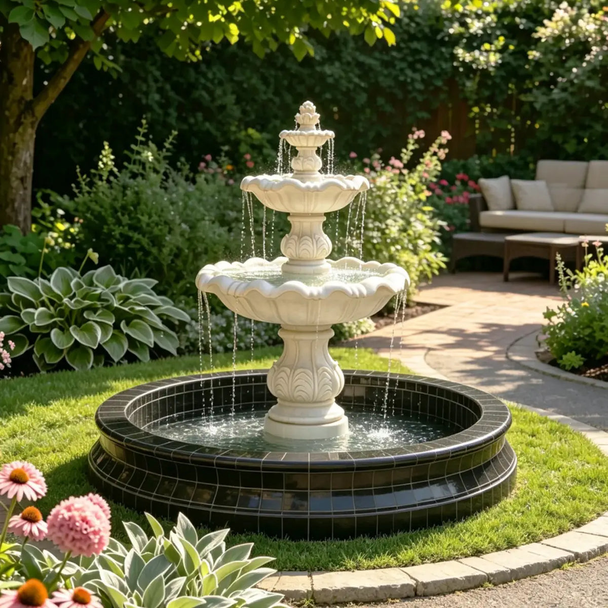 White marble fountain with scalloped basins in a backyard garden with flowers and patio seating.