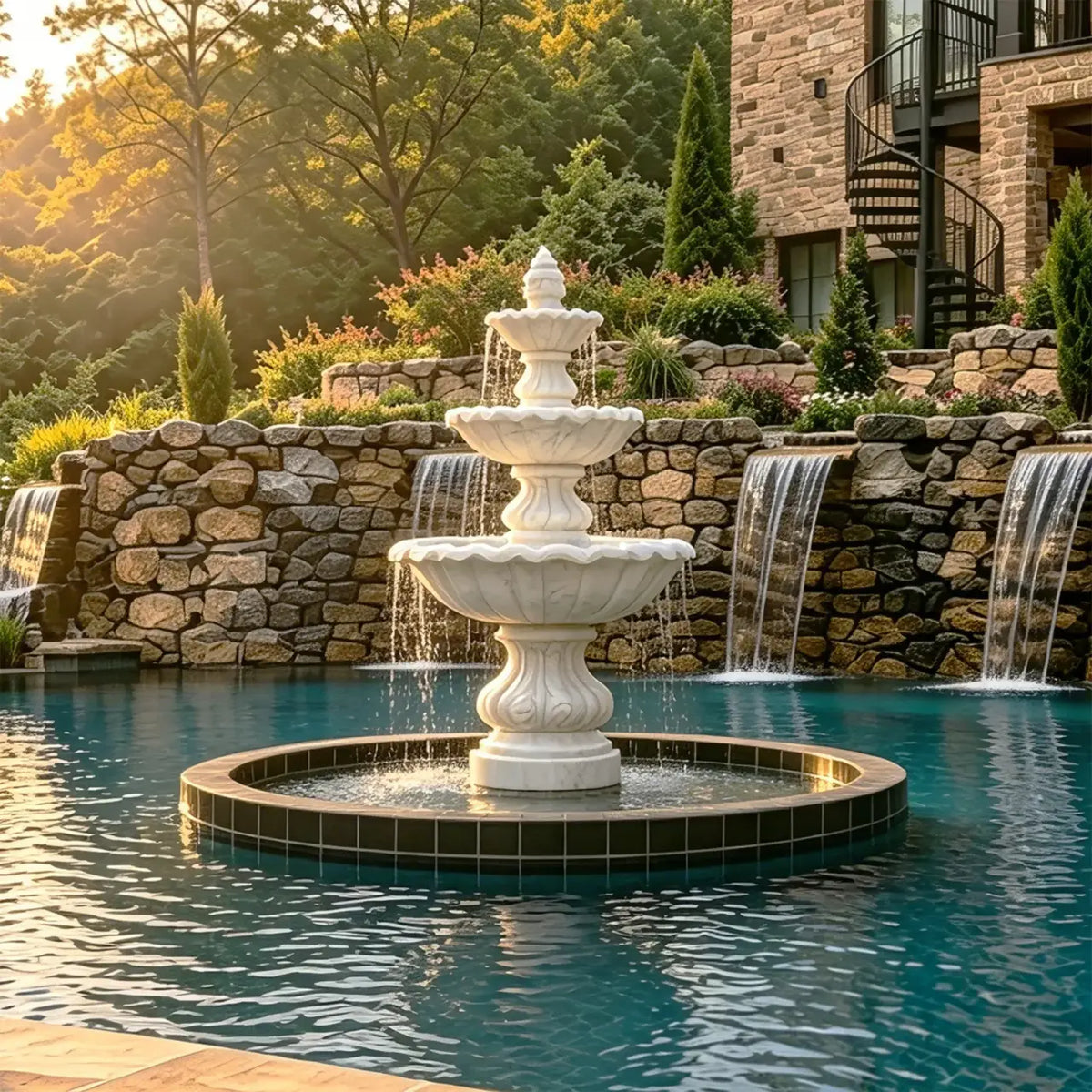 White marble three-tier fountain with scalloped basins in a pool garden beside stone walls and a hillside villa.
