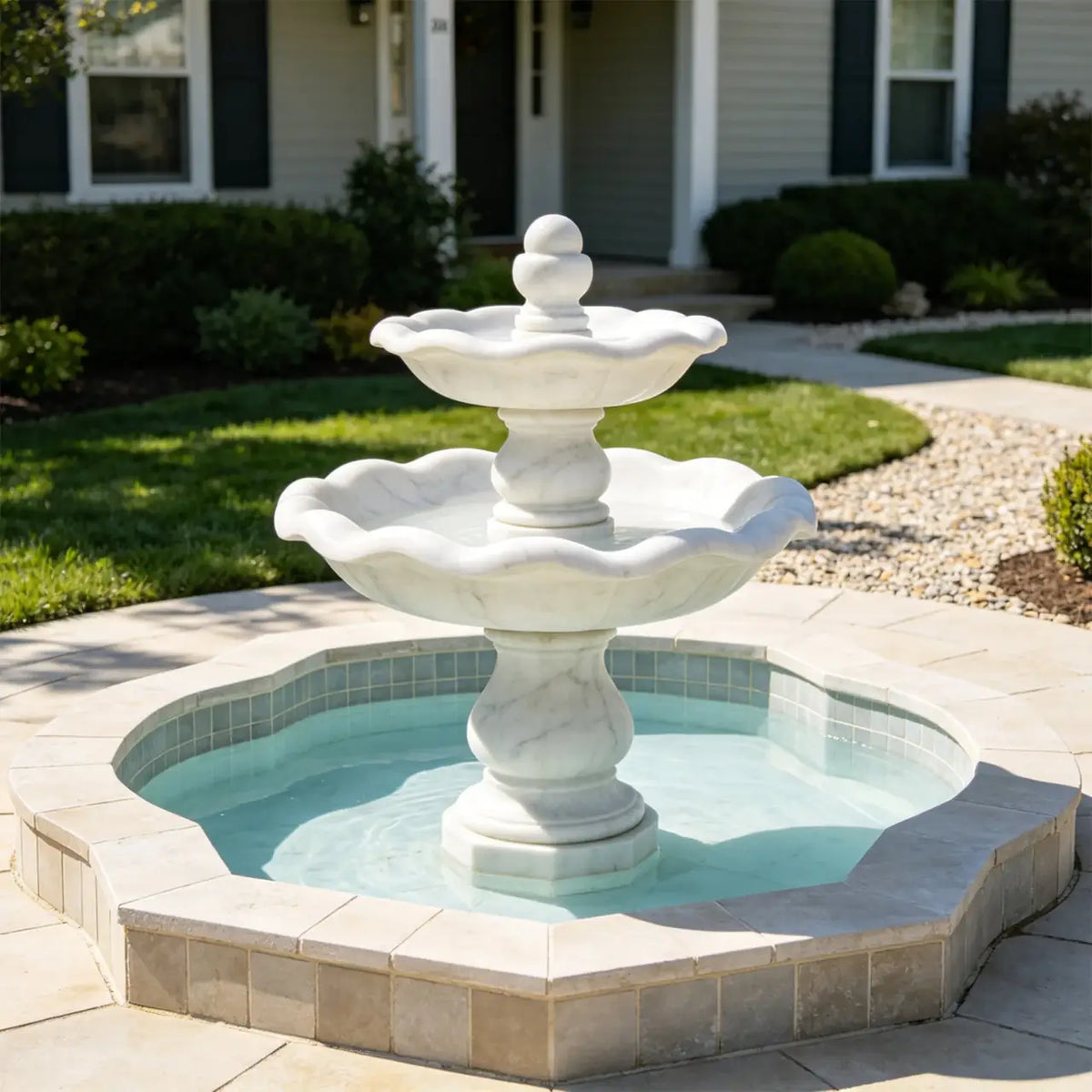 White marble two-tier fountain in a paved residential courtyard beside a villa.