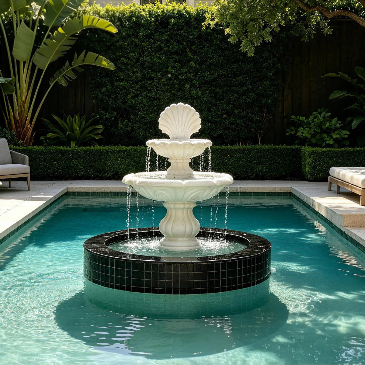 A white marble fountain with seashell top sits inside a residential swimming pool.