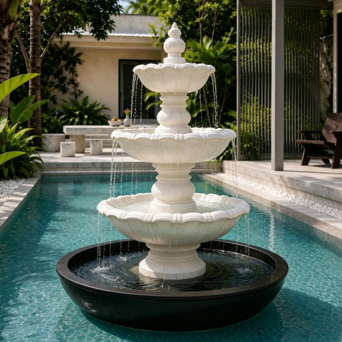 A white three tier marble fountain stands in a tropical villa backyard.