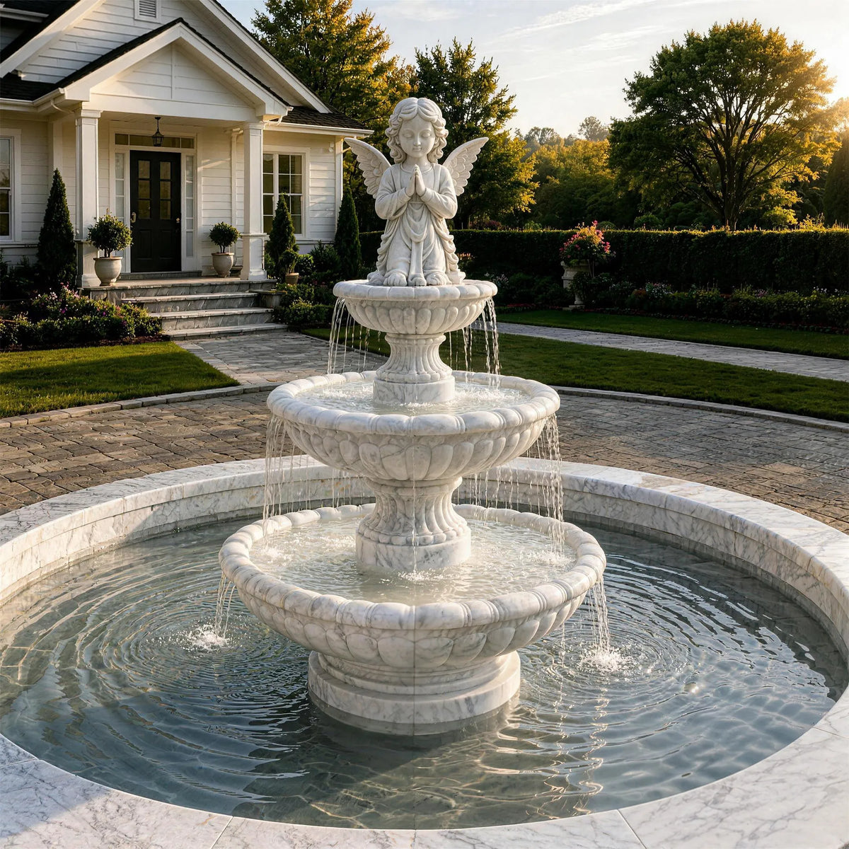 A white marble fountain with angel statue sits on the front lawn of a residential house.
