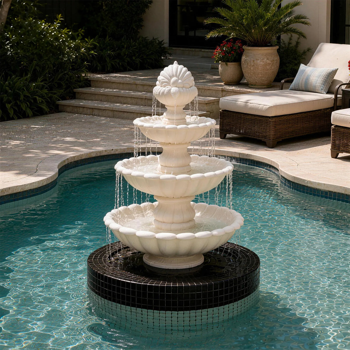A white marble fountain sits inside a swimming pool in a luxury residential backyard.