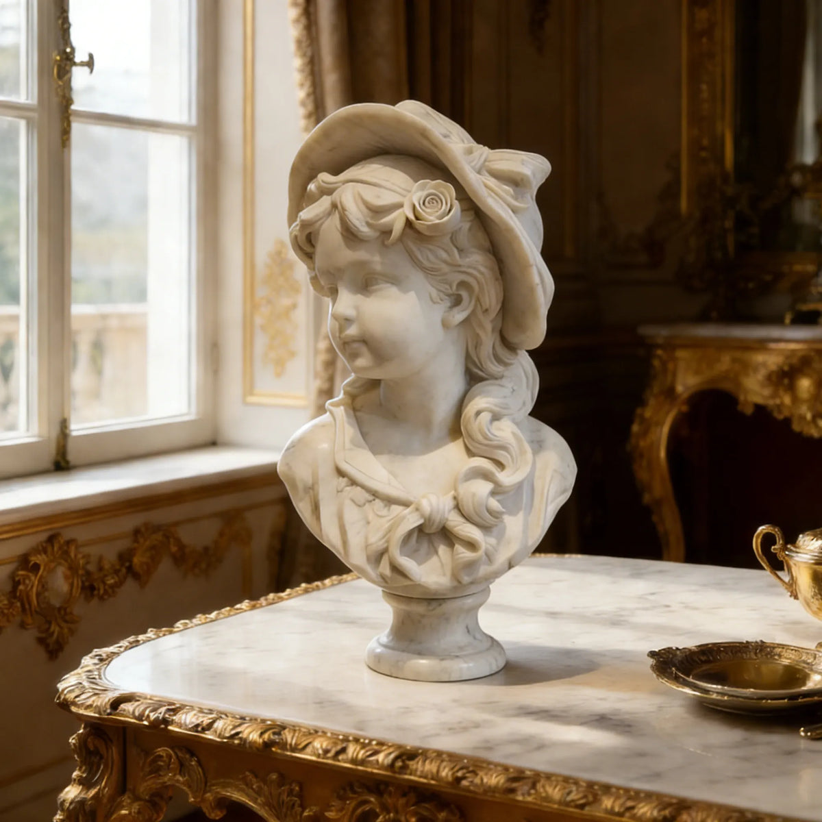 White marble girl bust sculpture featuring a floral hat, softly curled hair, and detailed clothing on a rounded pedestal in an elegant French-style living room.