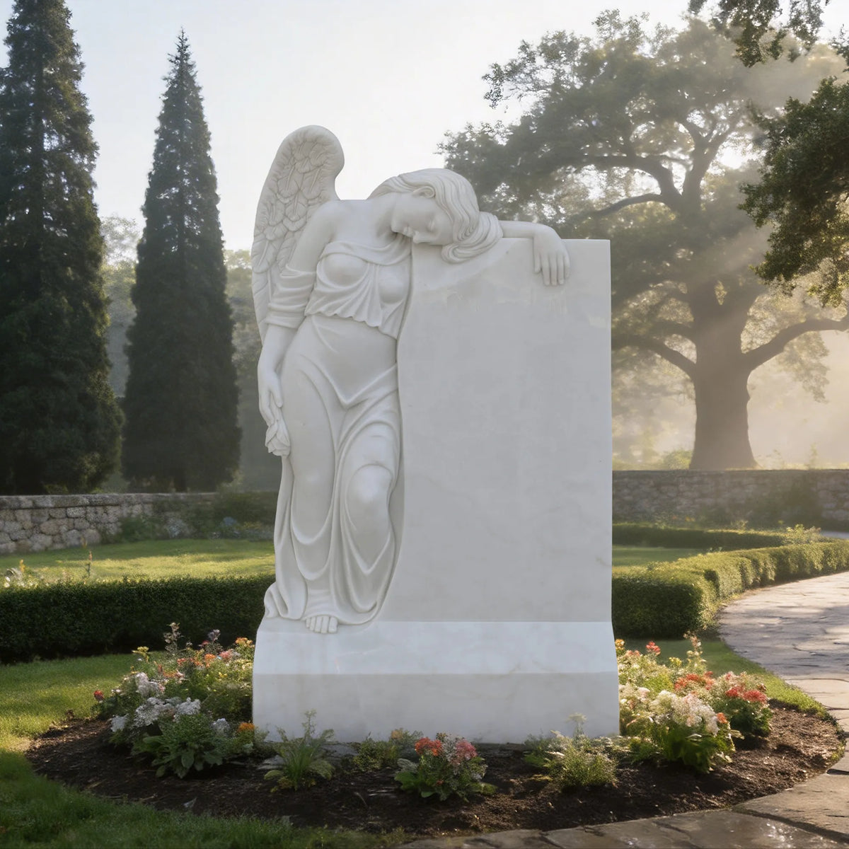 White marble grieving angel with detailed feathered wings, flowing gown, and bowed head leaning against a headstone in a cemetery garden.