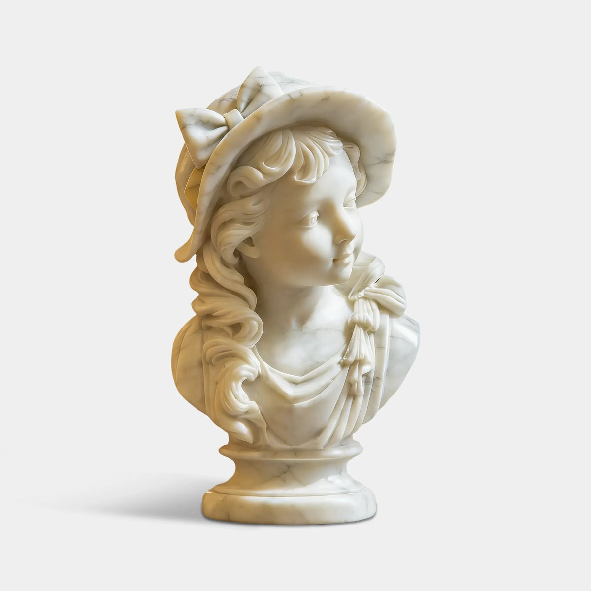 White marble bust of a young girl wearing a wide-brimmed hat with a large bow, flowing curly hair, and delicately carved draped clothing on a marble table in an ornate classical living room.