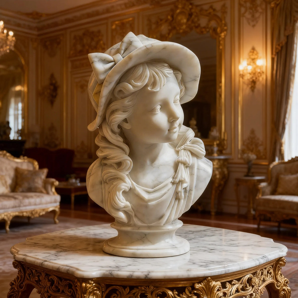 White marble bust of a young girl wearing a wide-brimmed hat with a large bow, flowing curly hair, and delicately carved draped clothing on a marble table in an ornate classical living room.