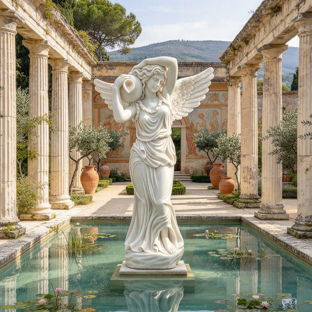 A white marble goddess statue with wings and water jug sits in a pool within a garden.