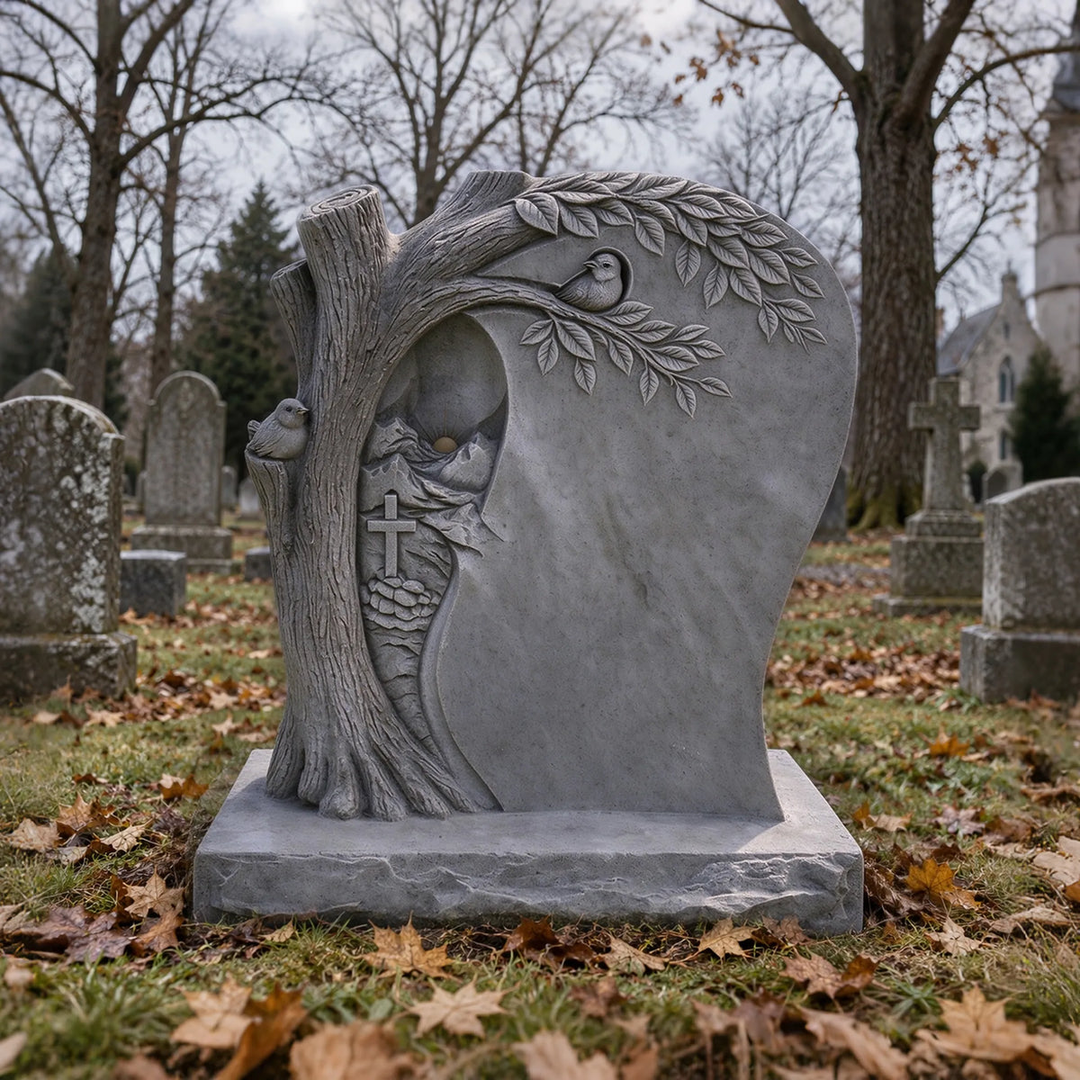 A marble memorial headstone with tree, cross and sun details stands on grass in a cemetery.
