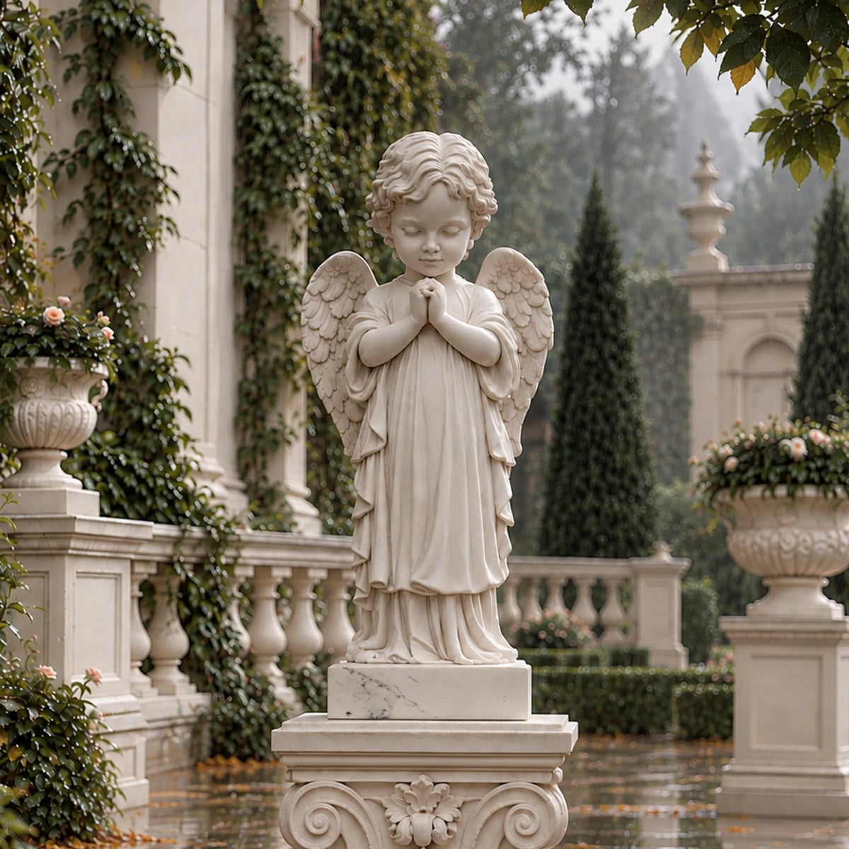 A marble praying cherub statue stands on an ornate pedestal in a formal European garden.