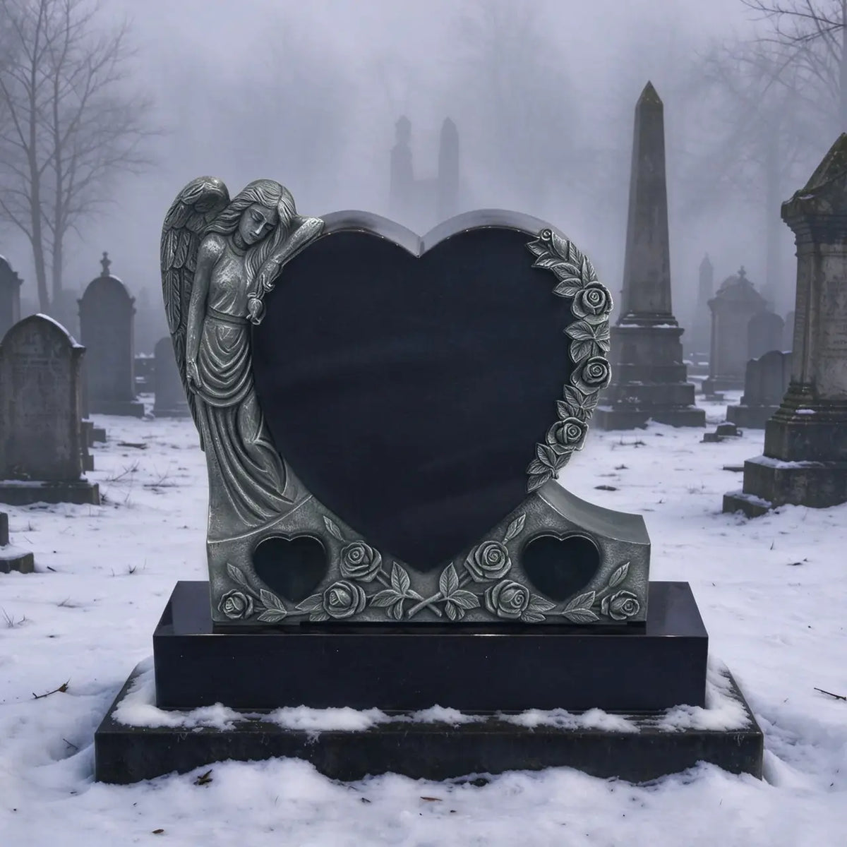 Marble Angel Memorial Headstone with a Heart-Shaped Black Inscription Panel, Sculpted Angel, Detailed Rose and Leaf Decorations, and Two Smaller Heart Designs at the Bottom