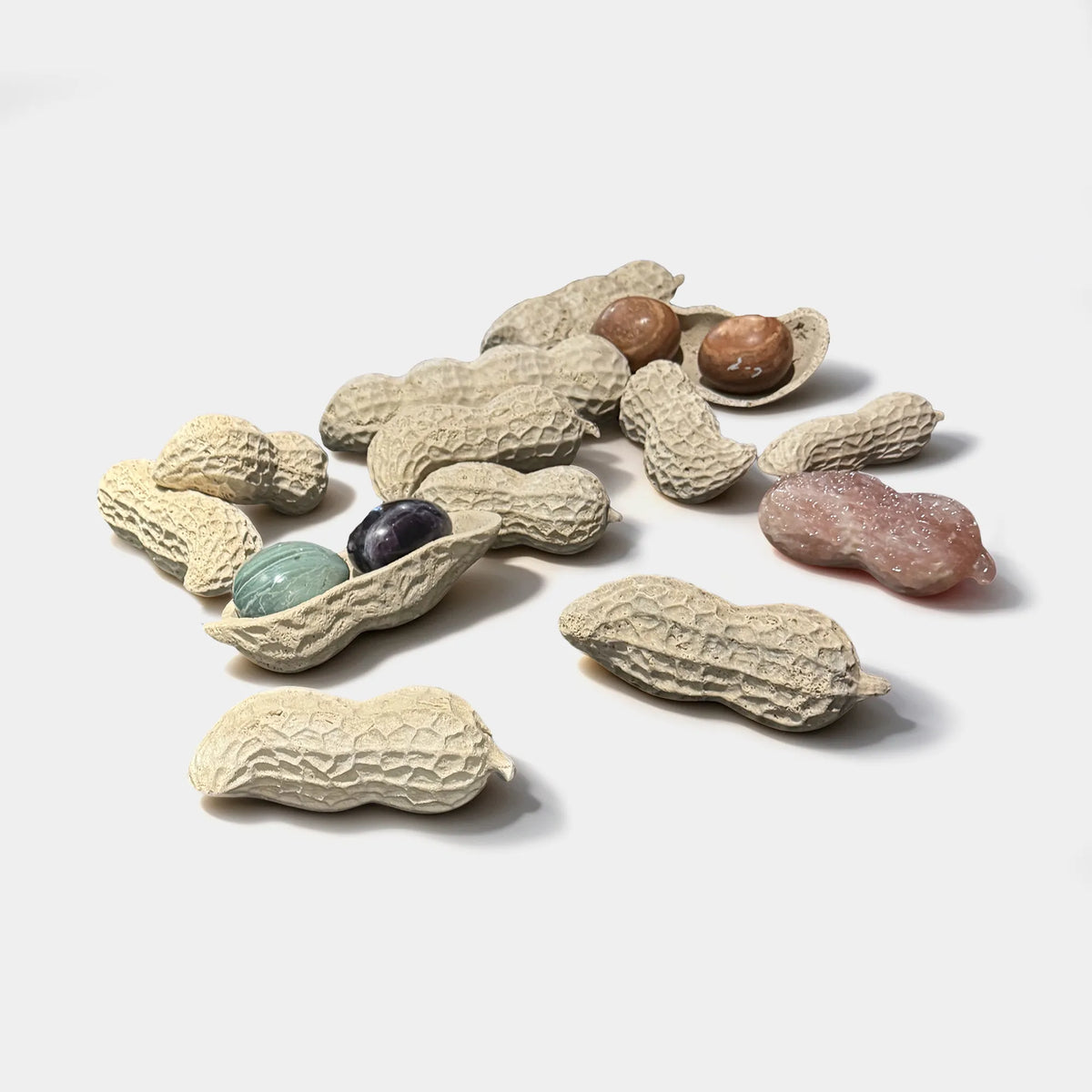 White Marble Peanut Sculpture Set Featuring Textured Peanut Shells, Open Pods with Colorful Polished Stone Spheres, and Natural Carved Details