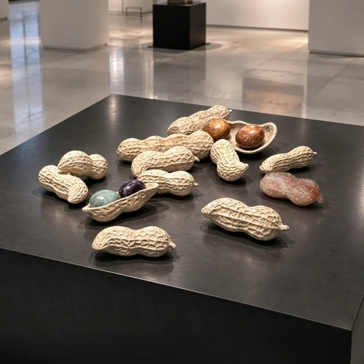White Marble Peanut Sculpture Set Featuring Textured Peanut Shells, Open Pods with Colorful Polished Stone Spheres, and Natural Carved Details