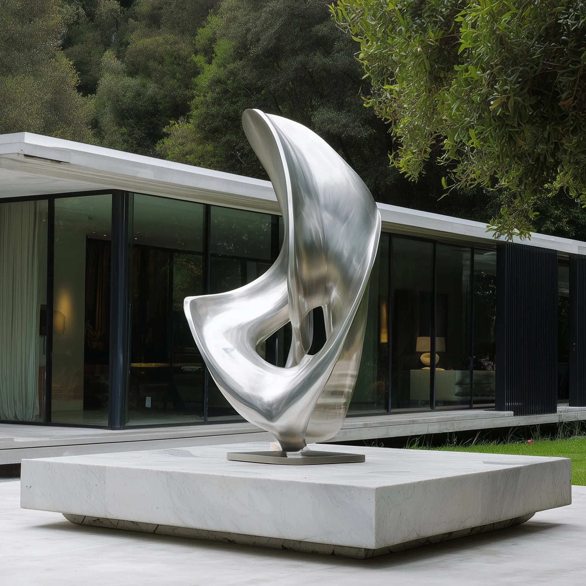 Polished stainless steel abstract sculpture with flowing organic curves on a marble base in a residential courtyard