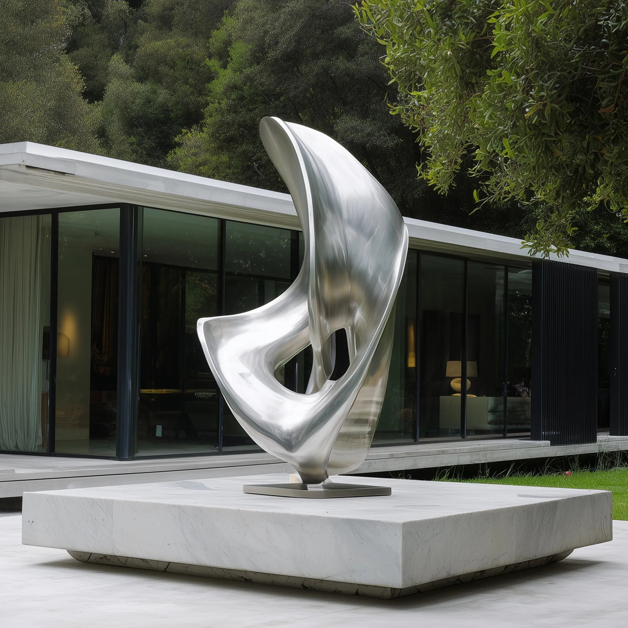 Polished stainless steel abstract sculpture with flowing organic curves on a marble base in a residential courtyard