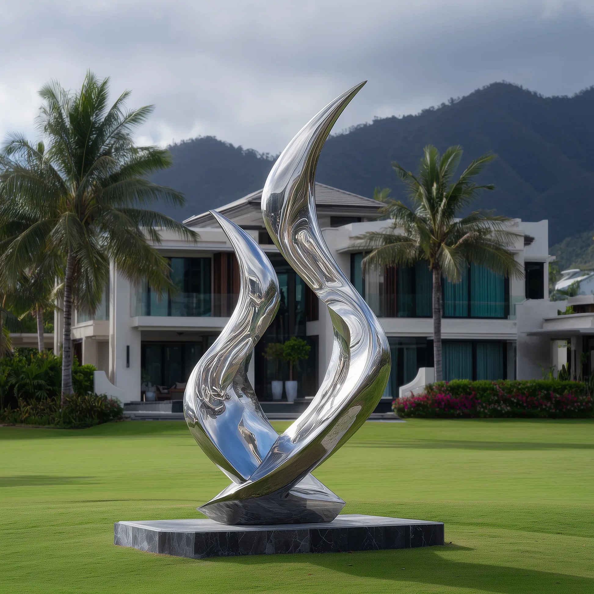 Polished stainless steel flowing abstract sculpture on stone base in green lawn in front of modern villa
