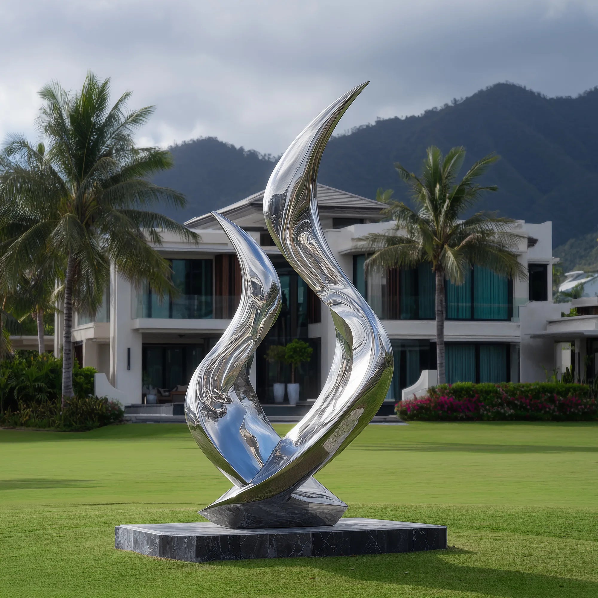 Polished stainless steel flowing abstract sculpture on stone base in green lawn in front of modern villa