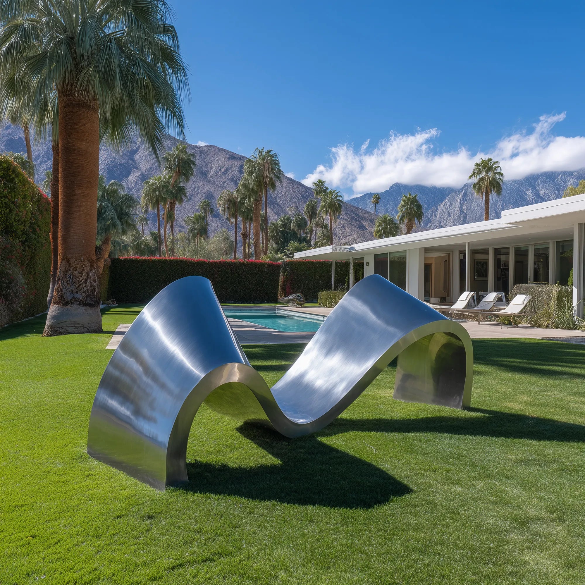 Polished stainless steel wave-shaped abstract sculpture on green lawn near swimming pool and palm trees