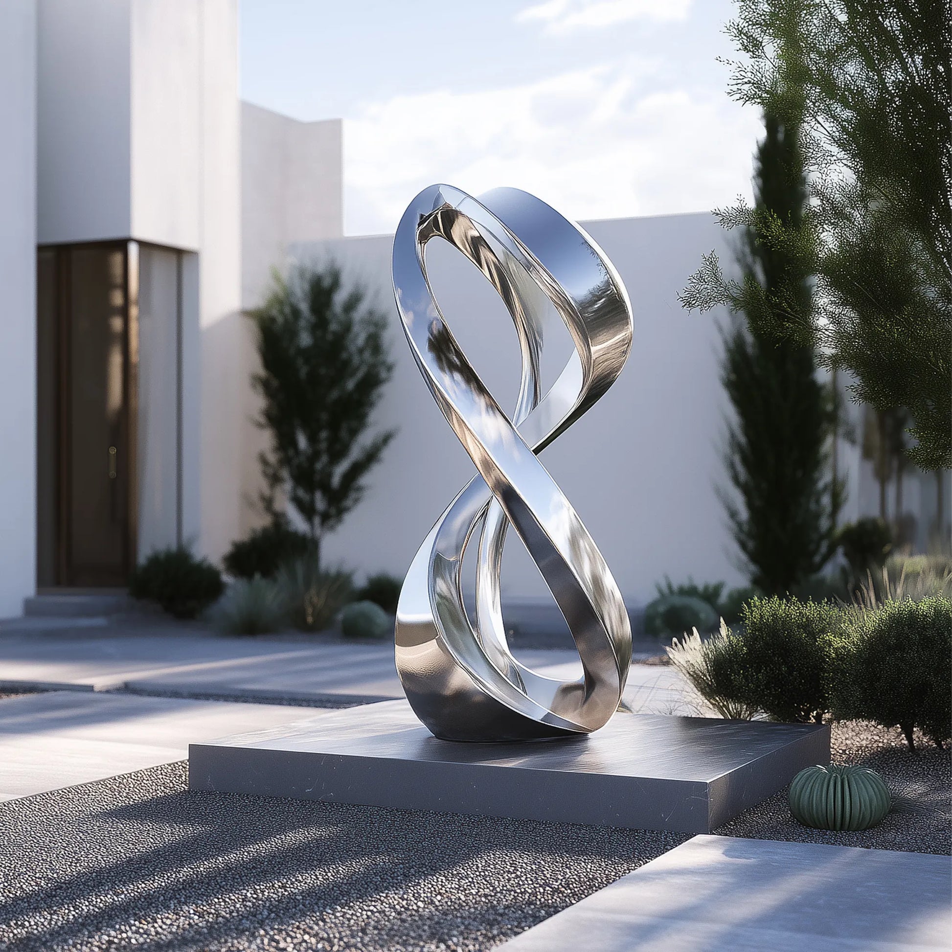 Twisted stainless steel sculpture for villa entrances, garden pathways, hotel courtyards, and office plazas. Worldwide shipping with custom dimensions available. 