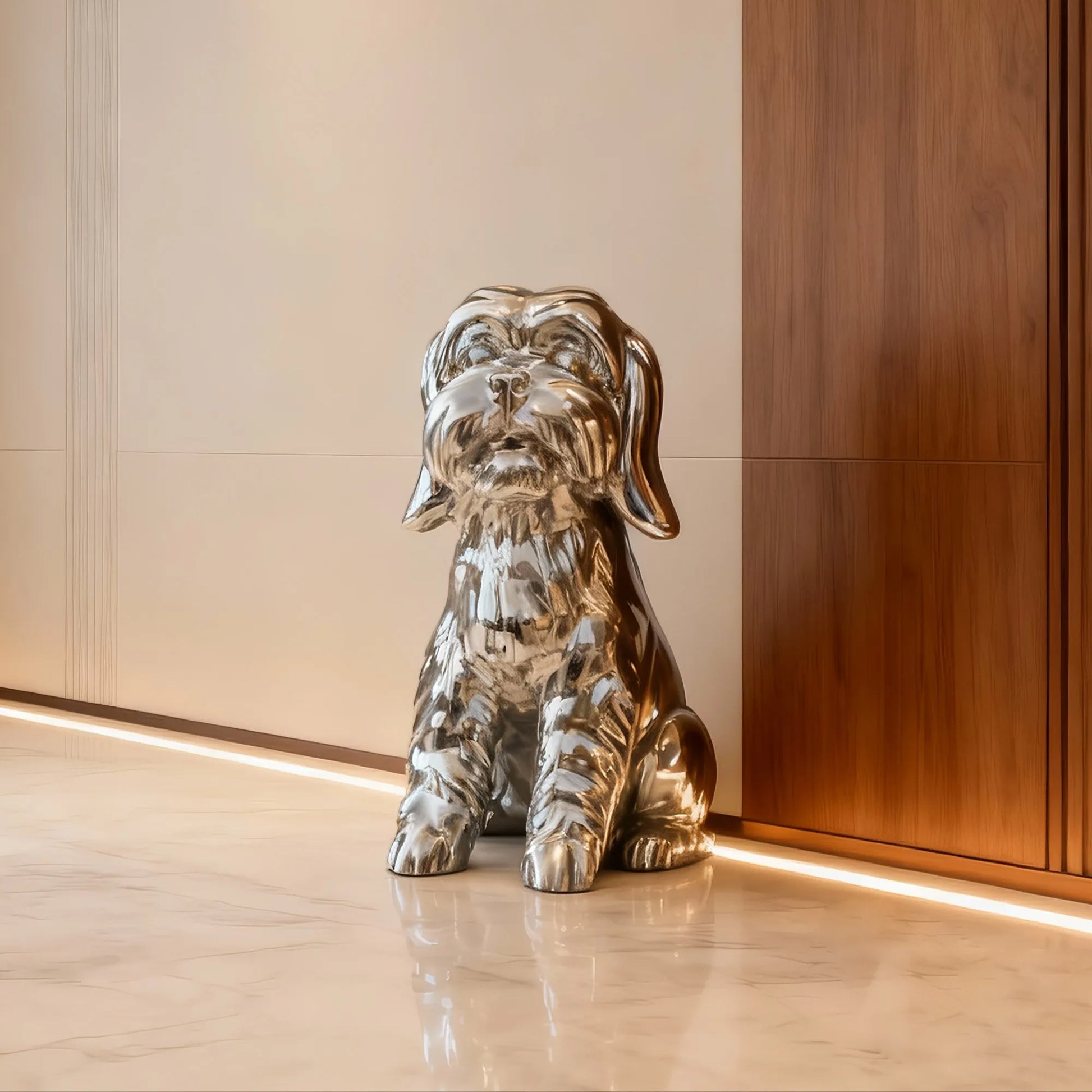 Polished stainless steel seated dog sculpture with reflective surface and detailed fur texture in modern interior with wood wall panels and marble floor