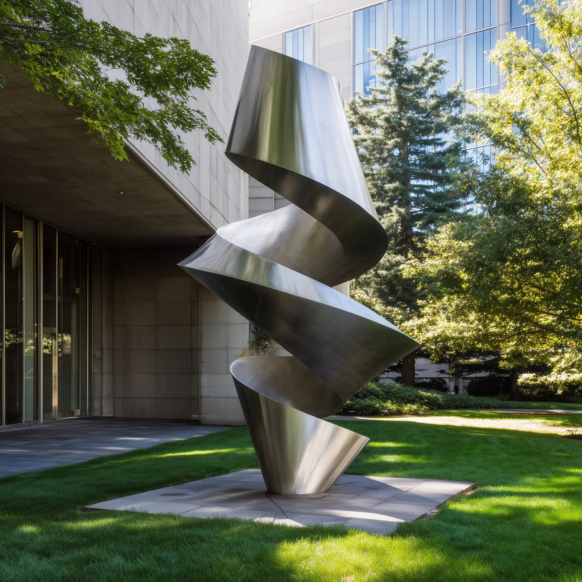 Brushed stainless steel spiral sculpture with twisting layered form on square base in courtyard lawn beside modern building