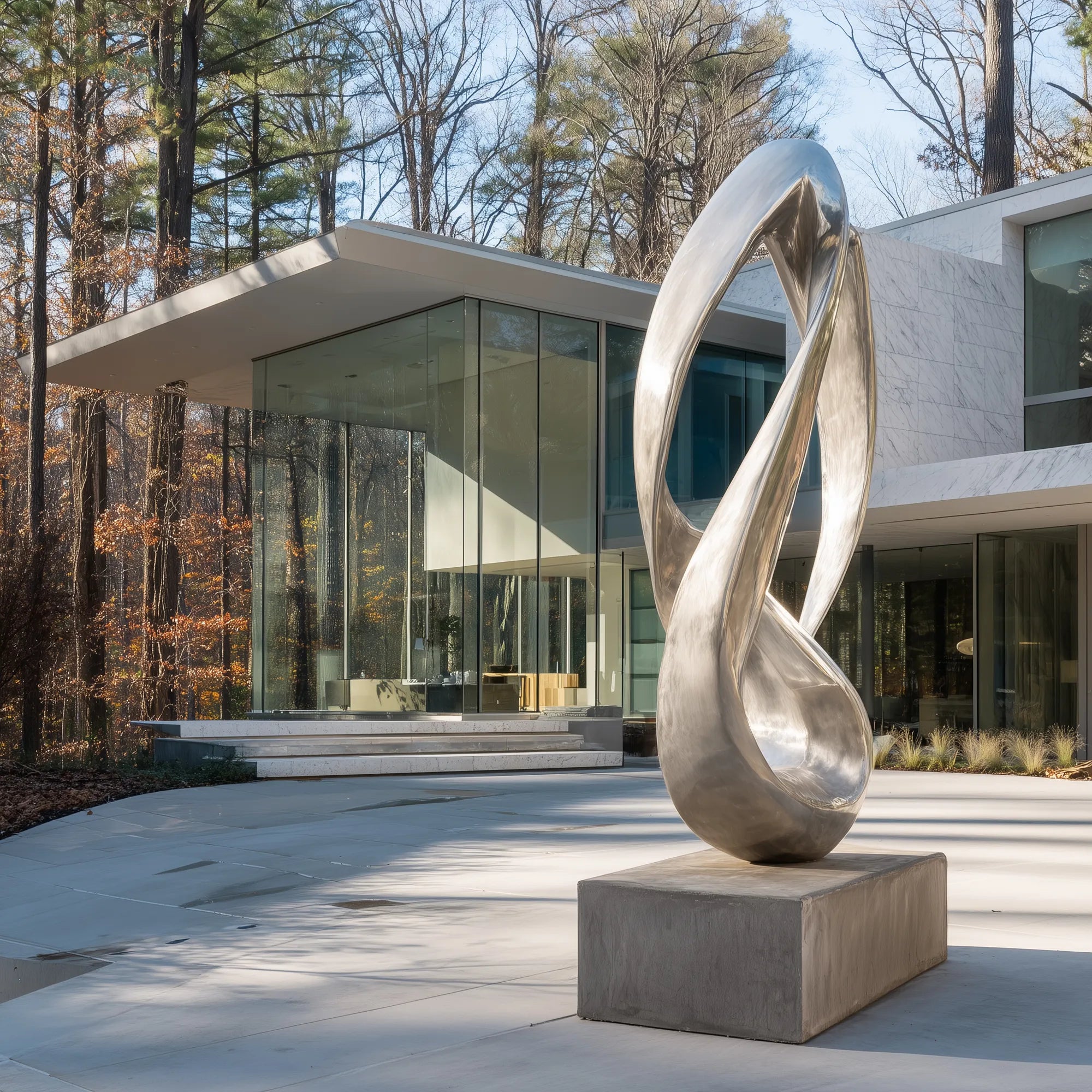 Brushed stainless steel abstract loop sculpture on concrete base in front of glass modern villa surrounded by trees