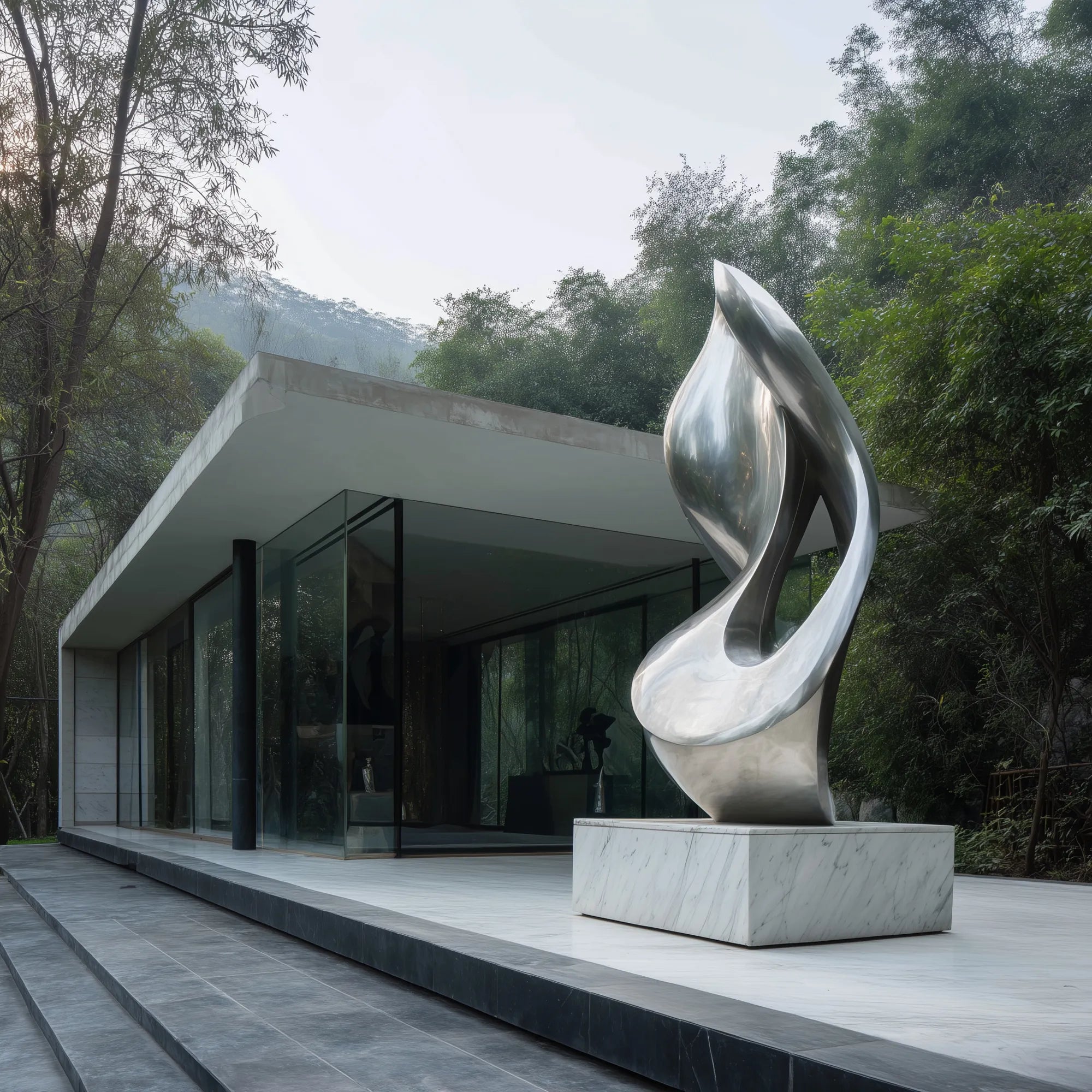 Tall twisted stainless steel abstract sculpture with brushed finish on white base in front of modern glass villa