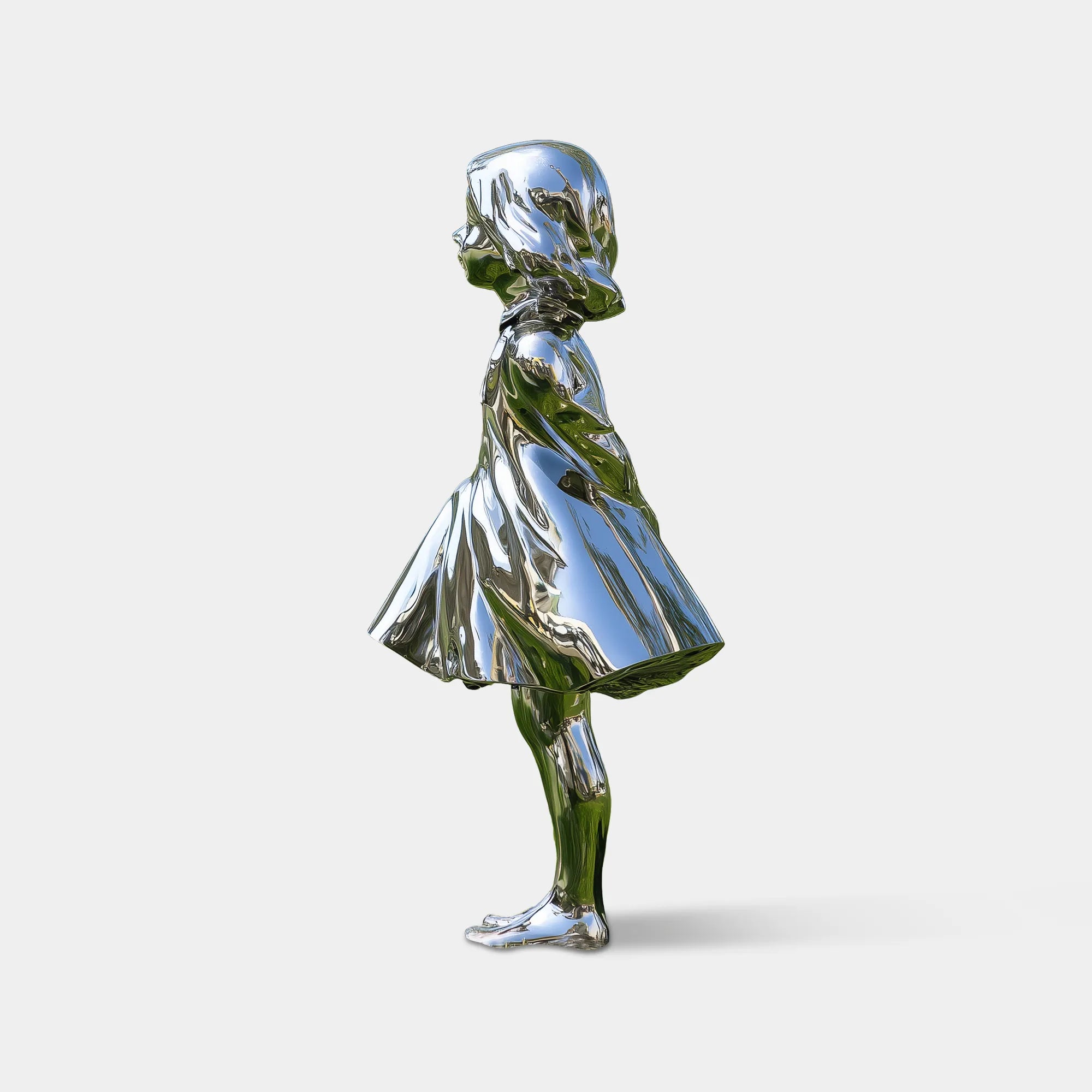 Polished stainless steel sculpture of a standing young girl wearing a flowing dress on a lawn. 