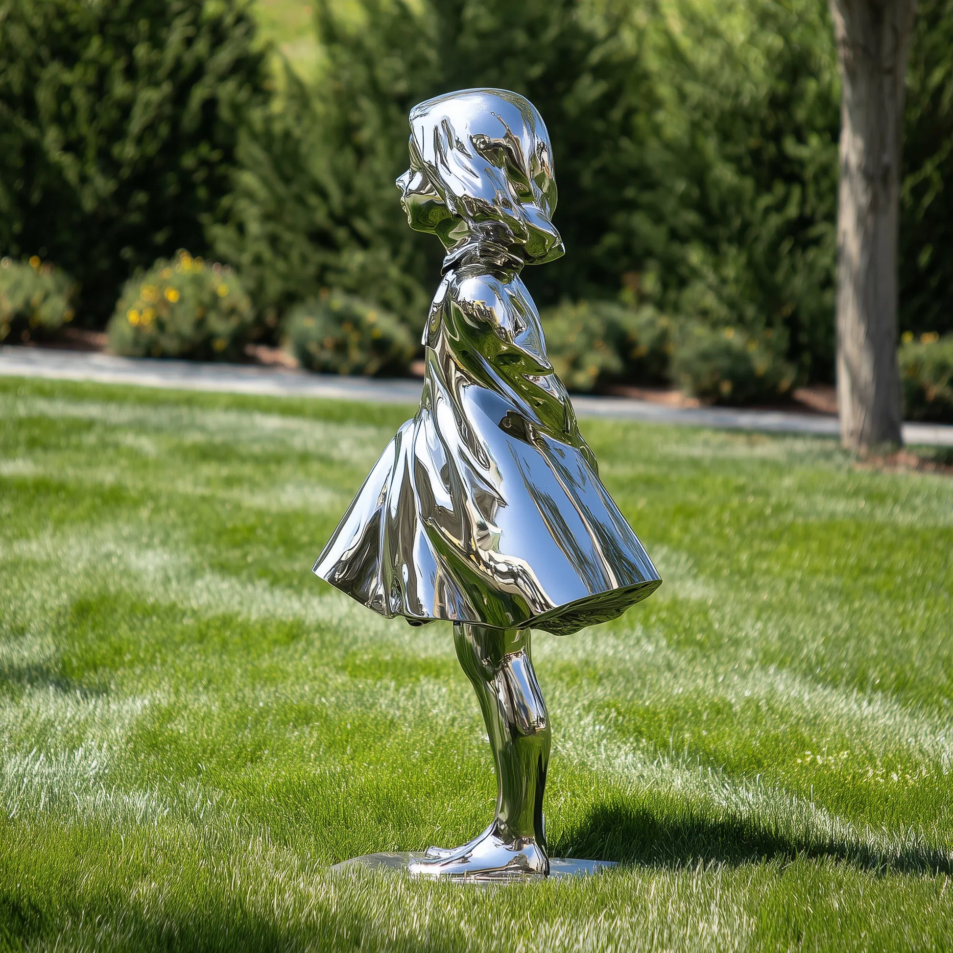 Polished stainless steel sculpture of a standing young girl wearing a flowing dress on a lawn. 