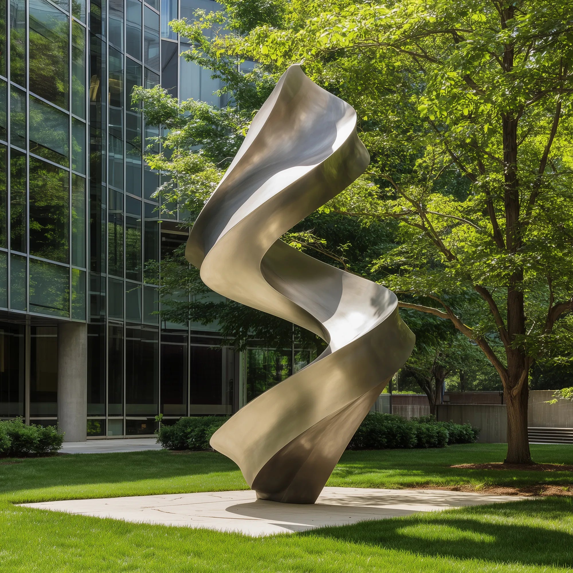 Tall spiral stainless steel sculpture with brushed finish on green lawn beside modern glass office building and trees.