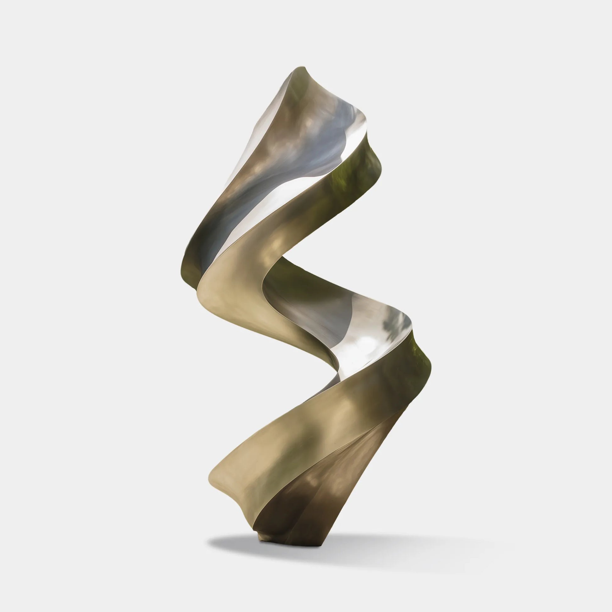 Tall spiral stainless steel sculpture with brushed finish on green lawn beside modern glass office building and trees.