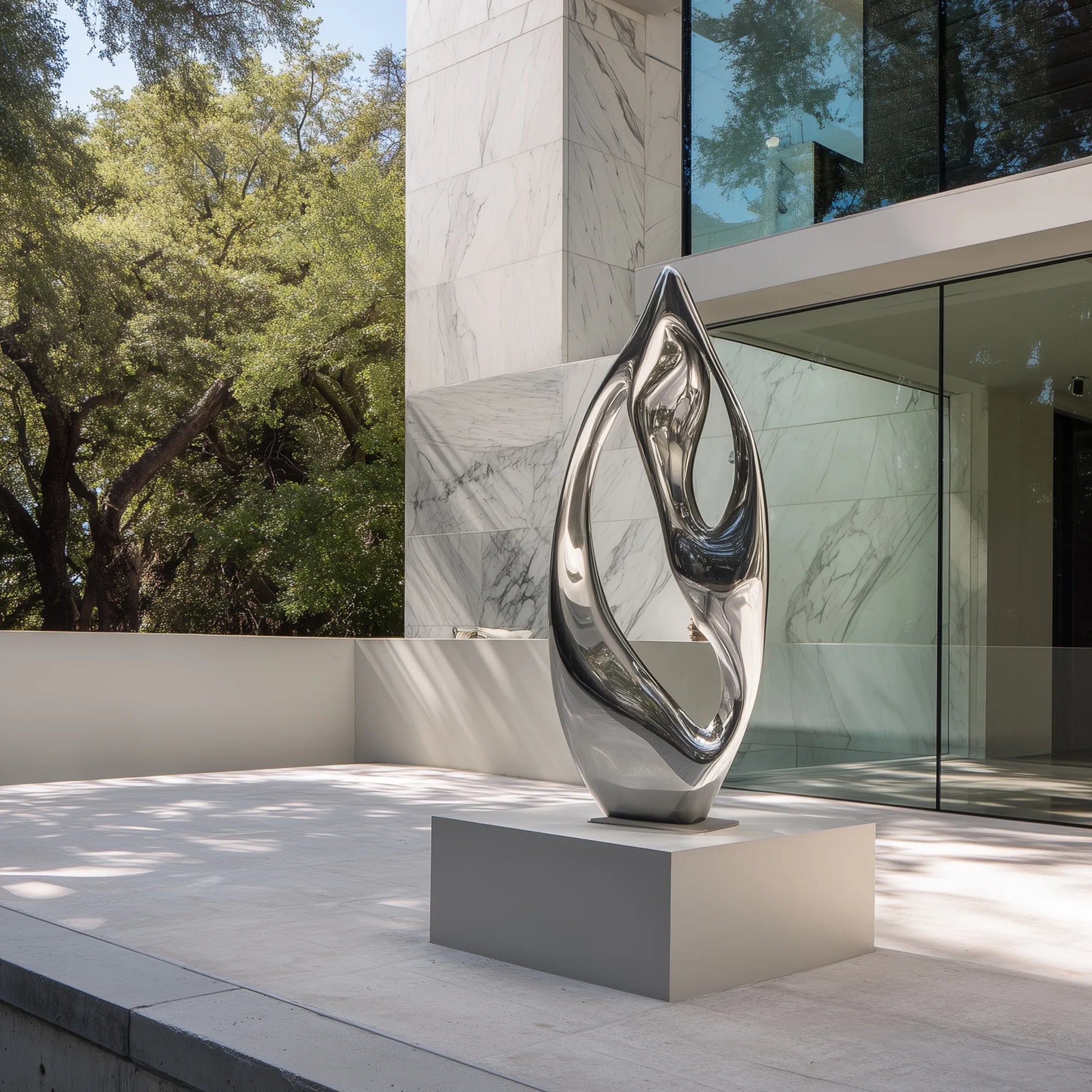 Polished stainless steel abstract sculpture with open organic form on rectangular pedestal in front of marble wall and glass façade.