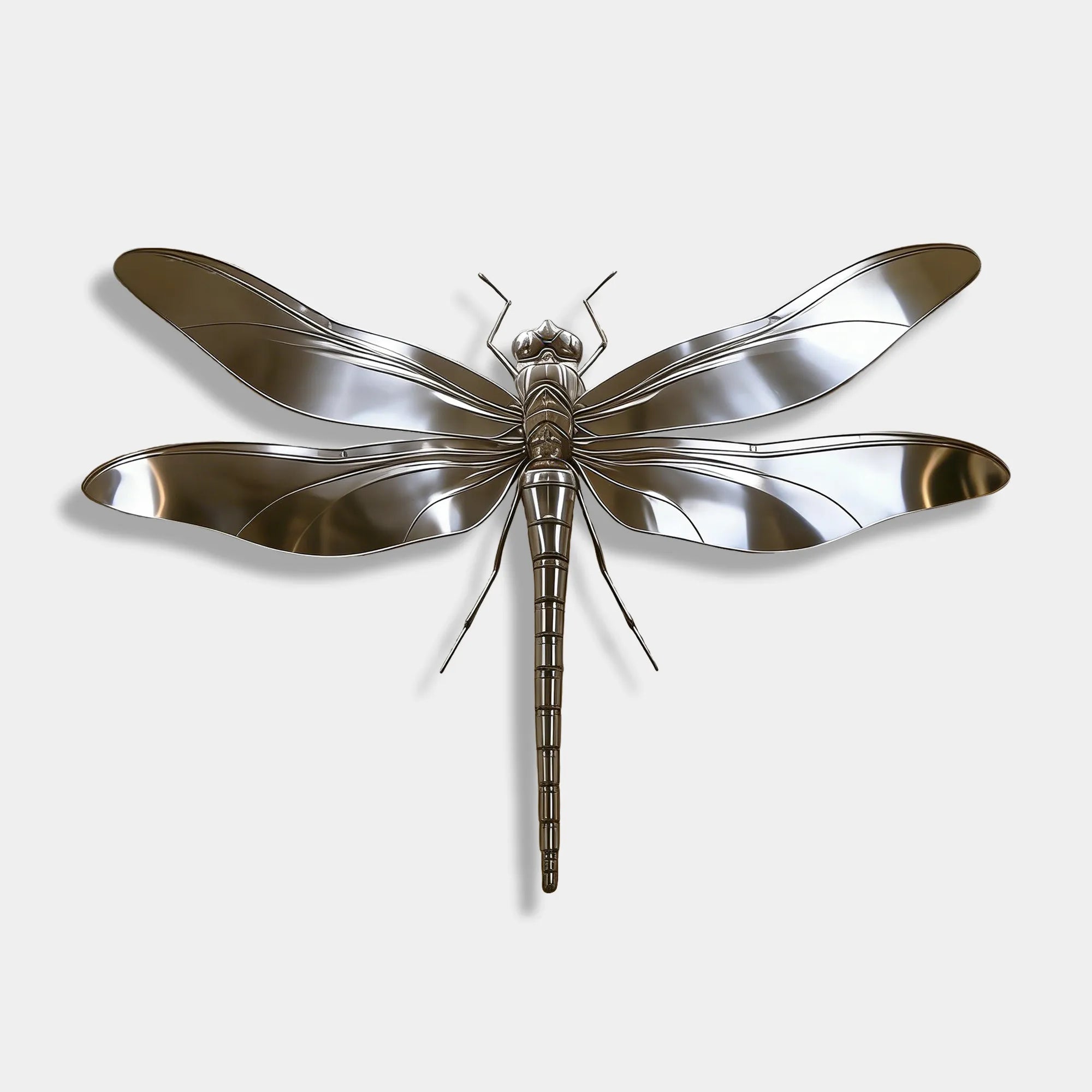 Stainless steel dragonfly wall sculpture in a modern office building.
